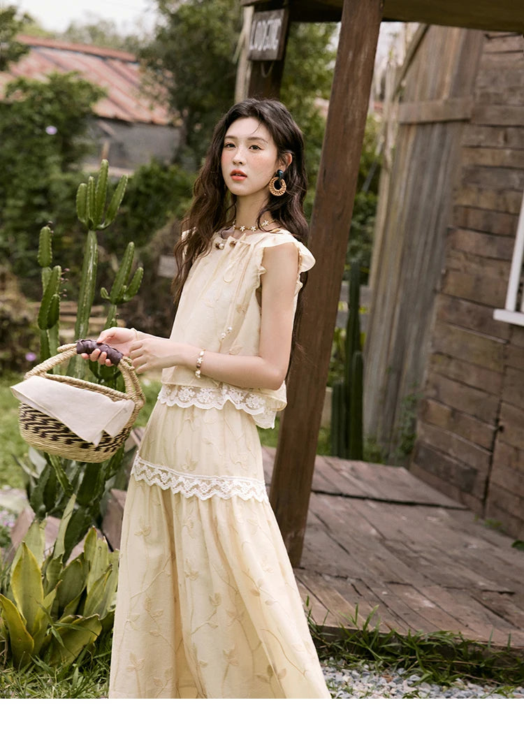 MISHOW Sweet Summer Skirt Sets Women New 2025 Short Flying Sleeve Round Neck Tops Hollow Embroidery A-line Skirt Lady MXE33T0545