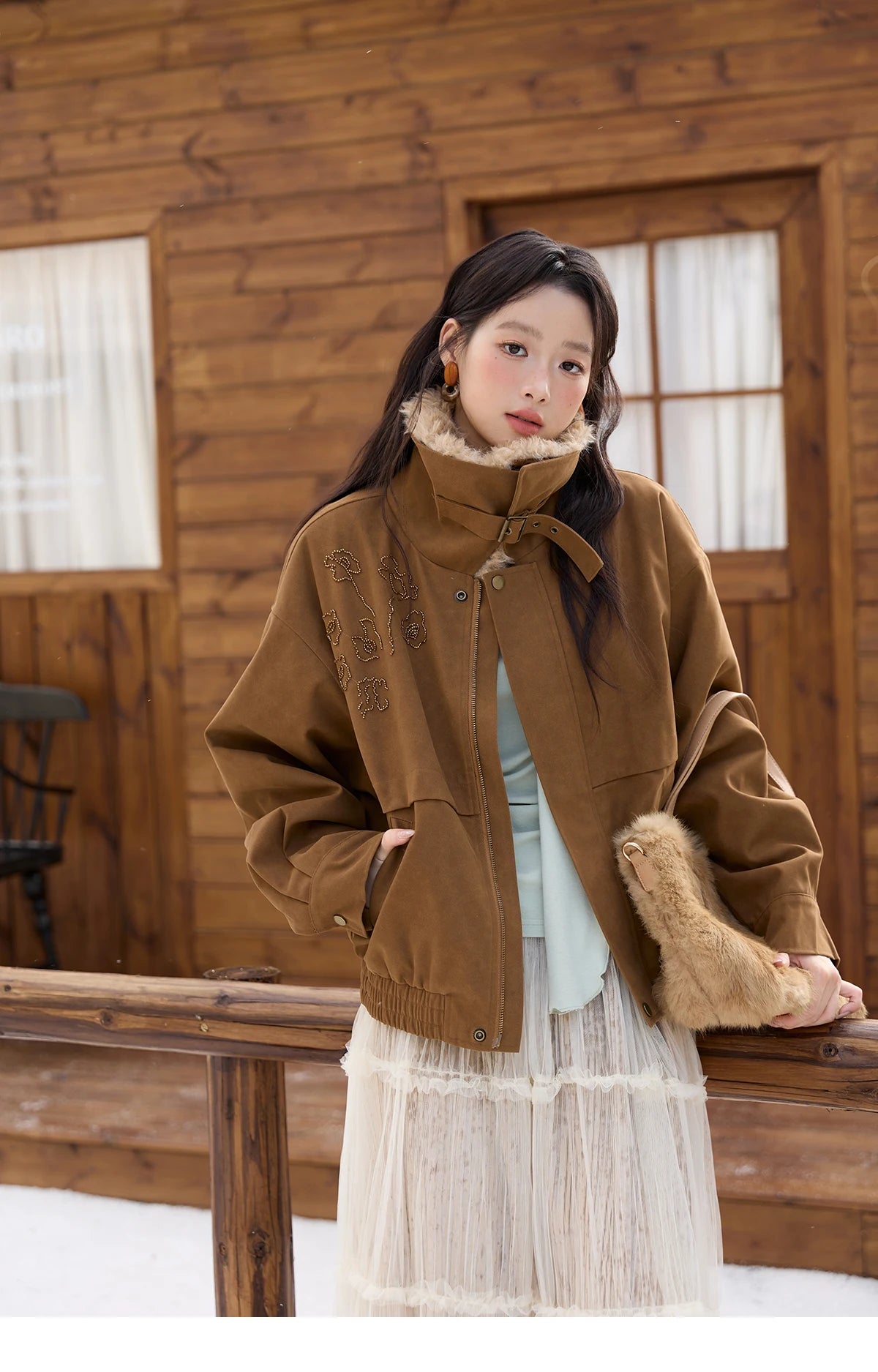 MISHOW Brown Suede Jacket for Women 2025 Winter New Detachable Fur Collar Coat commute Long Sleeve Zipper Jacket MXE51W0876