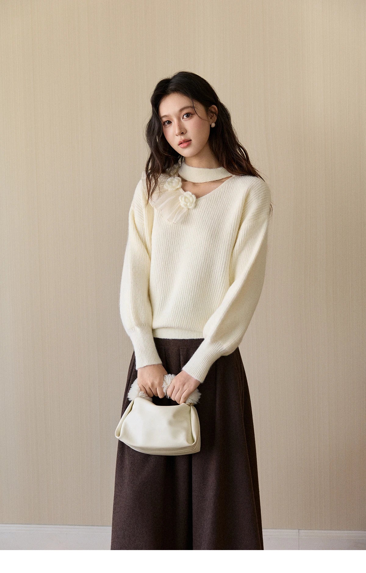 MISHOW Women's Cutout Neck Knitted Sweater 2025 Winter Ruffle Flower Decor Dropped Lantern Sleeves Pullover Tops MXE94Z2982