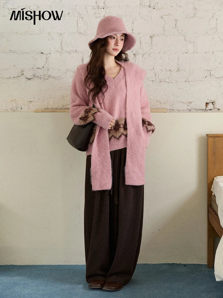 MISHOW Jacquard Pullovers for Women 2025 Winter Fashion Retro Geometric Pattern V-Neck Knitted Sweater with Shawl MXE86Z2654