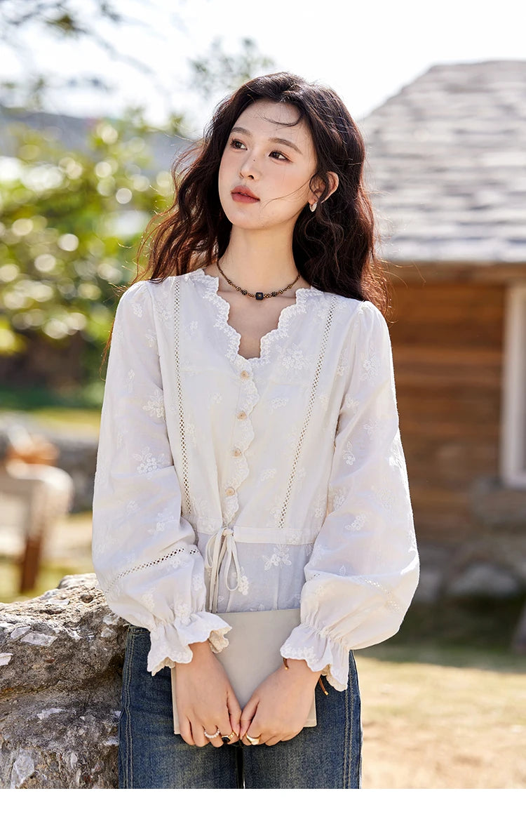 MISHOW Embroidered Blouse Women 2025 Spring New French Elegant Apricot Lace Premium Drawstring Design V Neck Tops MXE11X1708