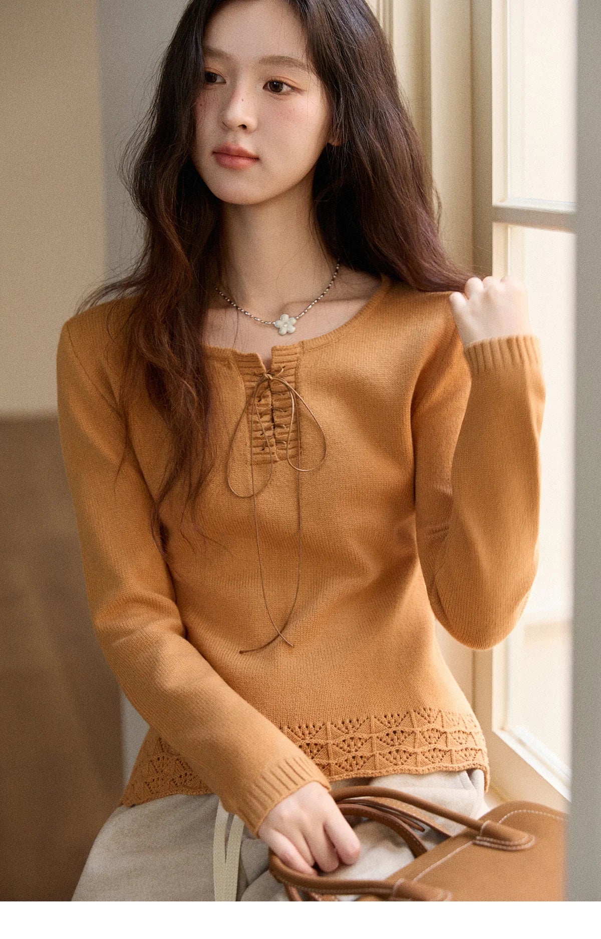 MISHOW Woman Beige Knit Top 2025 Winter Contrast Color French Style Hem Hollow Crochet Sweater Slim Long Sleeves Top MXE89Z2634