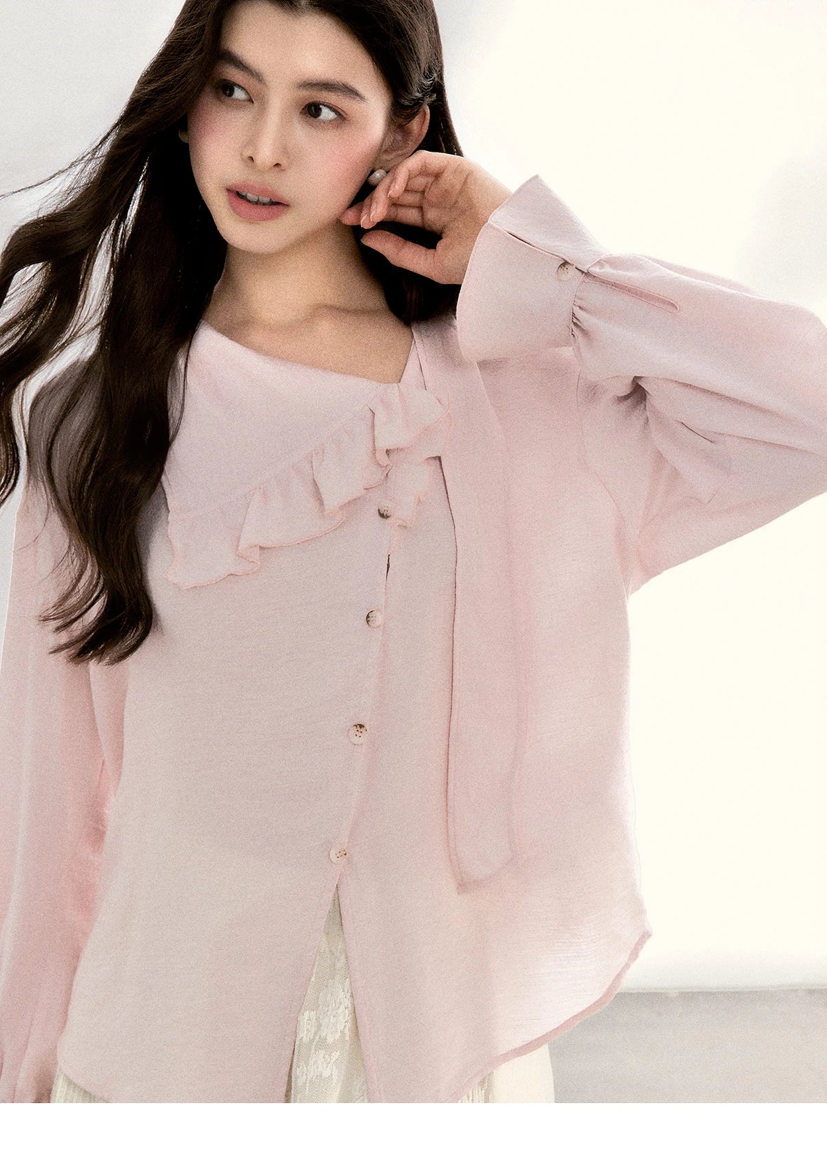 MISHOW Women's Pink Elegant Blouse 2026 Spring Asymmetrical Ruffled Collar Button Shirts Puff Sleeve Casual Loose Top MXF11X2520