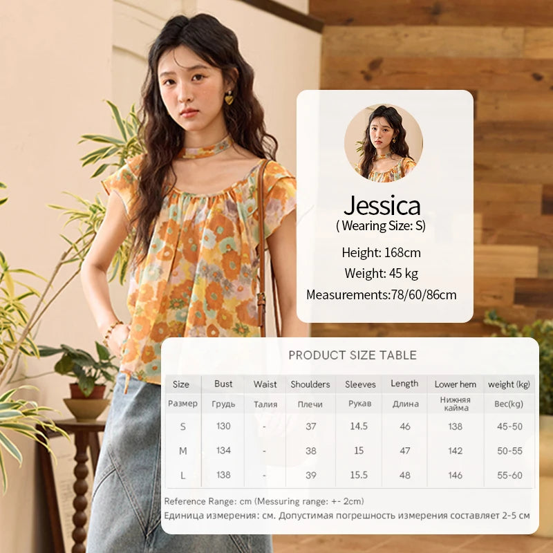 MISHOW 100 Cotton Citrus Oil Painting Printed blouse for Women 2025 Summer Vacation Korean Flying Sleeve Casual Top MXE36X1872