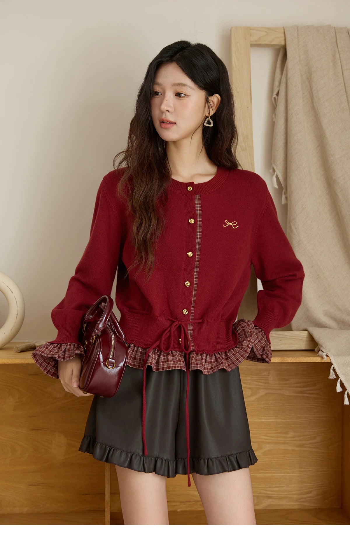 MISHOW Christmas Women's Cardigan 2025 Red Fake Two-Piece Plaid Patchwork Knit Top O-Neck Single-Breasted Outerwear MXE45Z2483