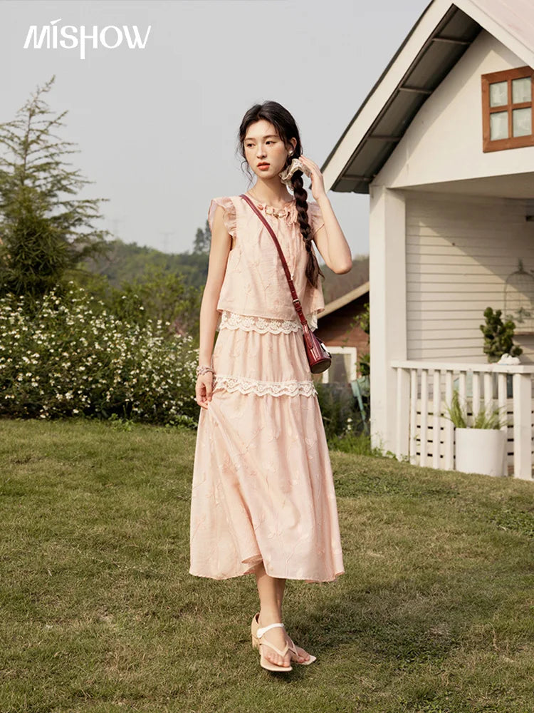 MISHOW Sweet Summer Skirt Sets Women New 2025 Short Flying Sleeve Round Neck Tops Hollow Embroidery A-line Skirt Lady MXE33T0545