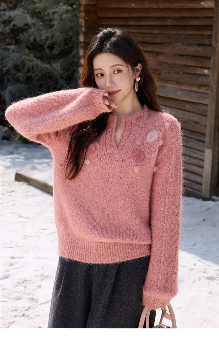 MISHOW Women's Raspberry Pink Wool Blend Sweater 2025 Winter French Floral Pom-Pom Embroidered V-Neck Knitted Top MXE86Z2740