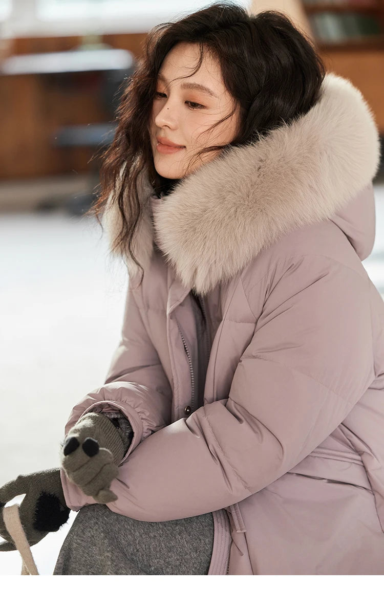 MISHOW Long Hooded Down Coats Fox Fur Collar Bread Jacket Duck Down Quilt Clothing 2024 Winter Women Thickened Coat MXD56Y0054