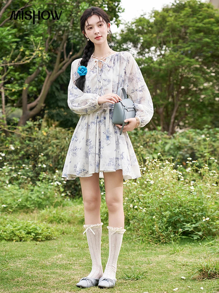 MISHOW Fairy Temperament Floral Puff Sleeved Chiffon Dress Spring Summer 2025 Lace-up O Neck Waist Knee-Length Dress MXD14L1681