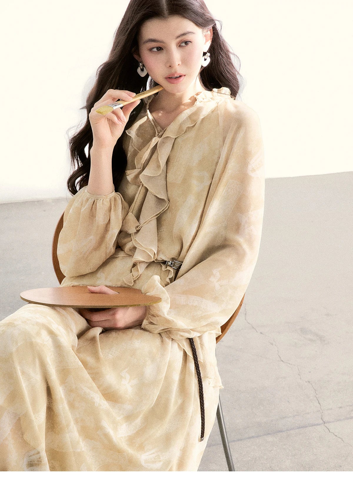 MISHOW Light Yellow Chiffon Maxi Dress 2026 Spring V-Neck Ruffled Belted Floral Print Casual Long Sleeve Dresses MXF11L2554