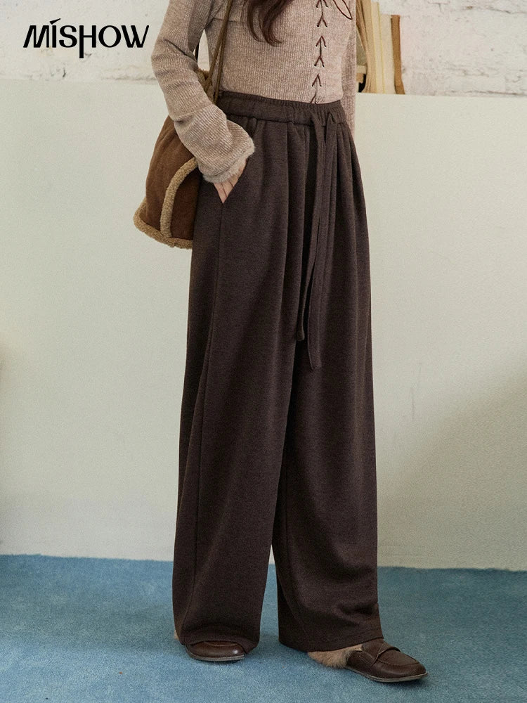 MISHOW Brown Wide-leg Pants for Women2025 Winter Thickened Warm Drawstring Waistband Retro Casual Trousers Woman MXE87K1126