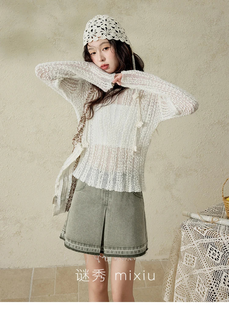 MISHOW Women 's Apricot White Hollow Knitted Sweater Spring 2025 Mohair Cover Drop Sleeve Top Strapless Slim Tube Top MXE12Z1120