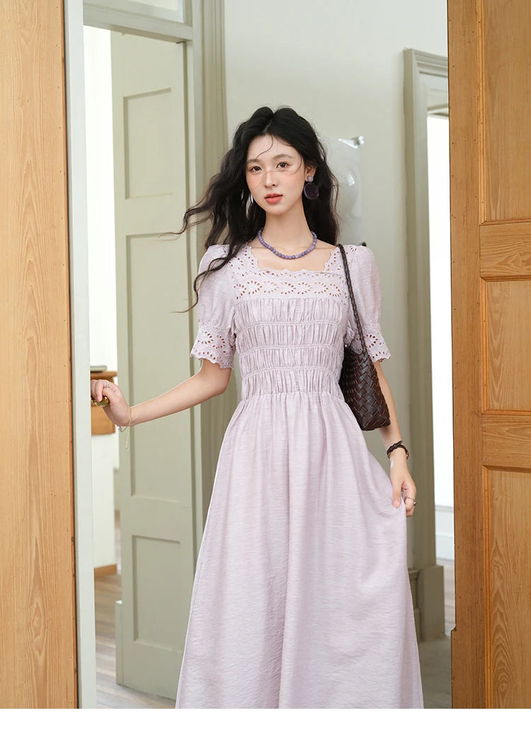 MISHOW Puff Sleeve Dress for Women 2025 Summer New Square Neck Fashion Lace Hollow Purple Dresses Female Clothing MXE39L2406