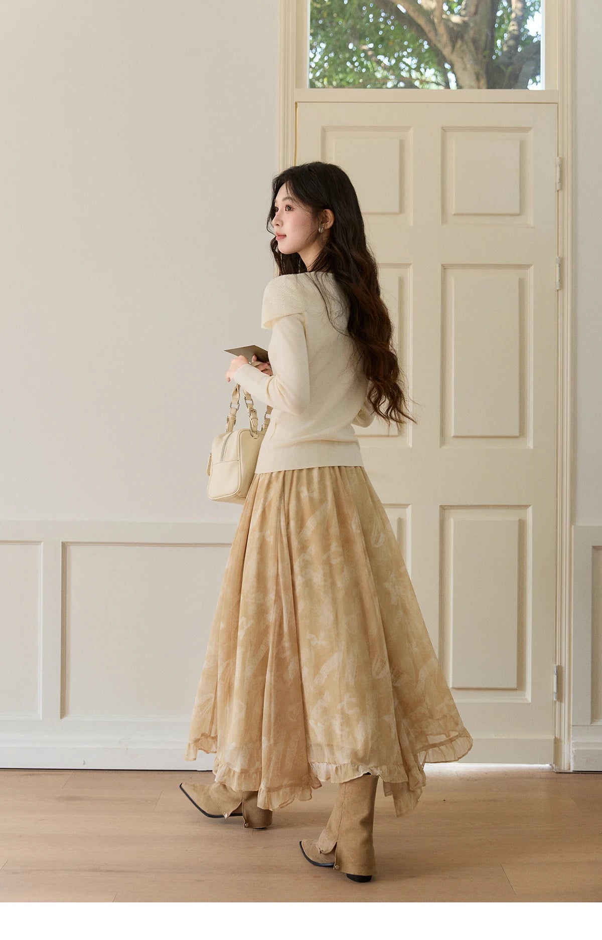 MISHOW Women's Beige Chiffon Maxi Skirt 2026 Spring Floral Print High Waist Ruffled Asymmetrical Casual Long Skirts MXF11B2463