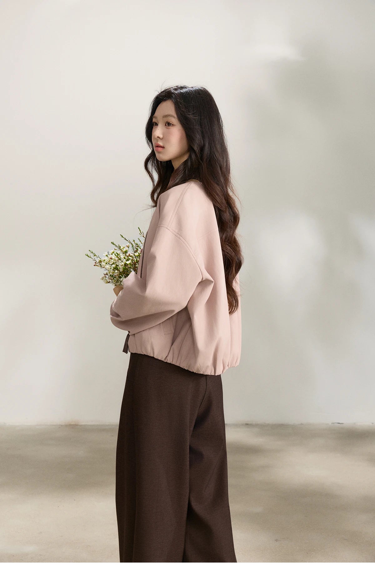 MISHOW Women's Pink Flower Bud Leather Jacket Spring 2026 Crew Neck Single-breasted Coats Casual Loose Cropped Coat MXF108W1001