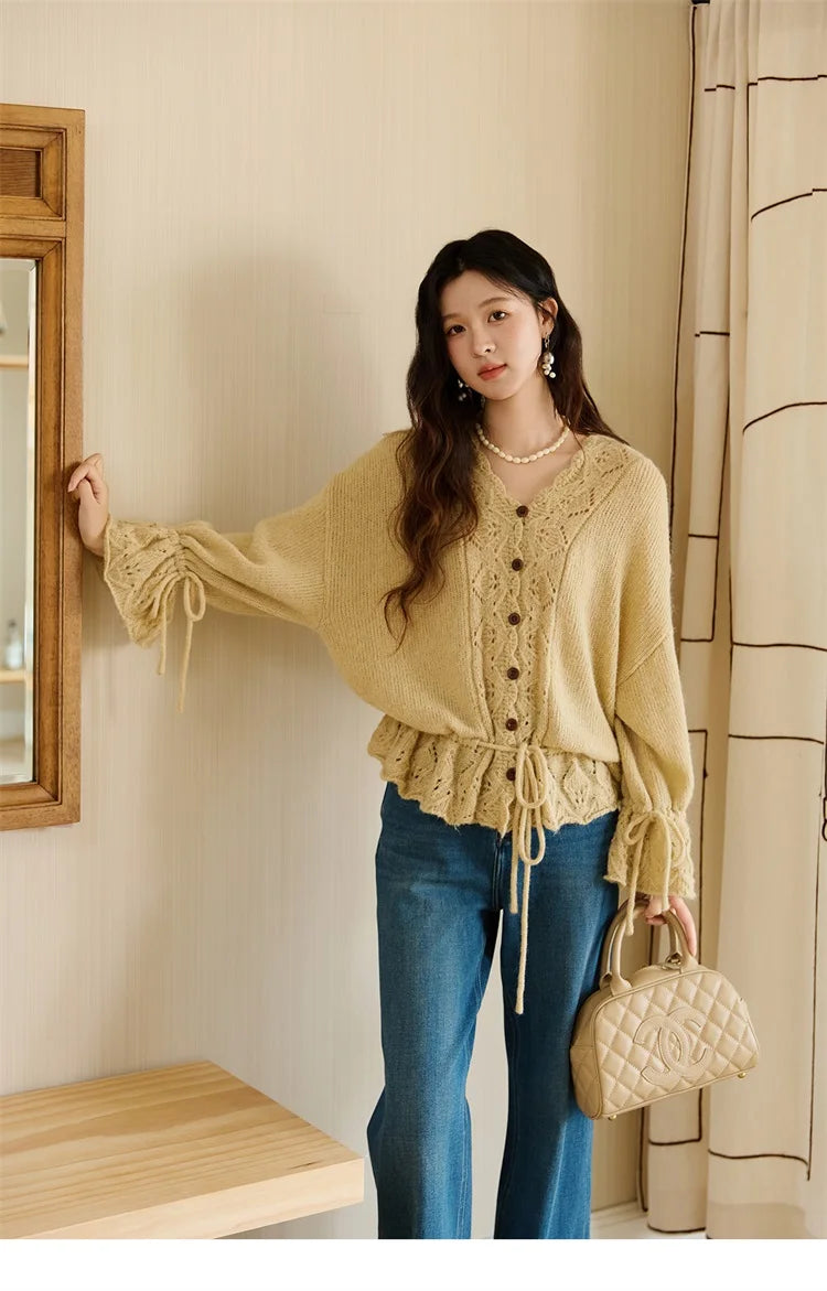 MISHOW Handmade Crochet Sweater Cardigan Autumn Mohair Flare Sleeve Knitted Tops Wave V-neck Lace-up Waist Sweater MXE47Z2513