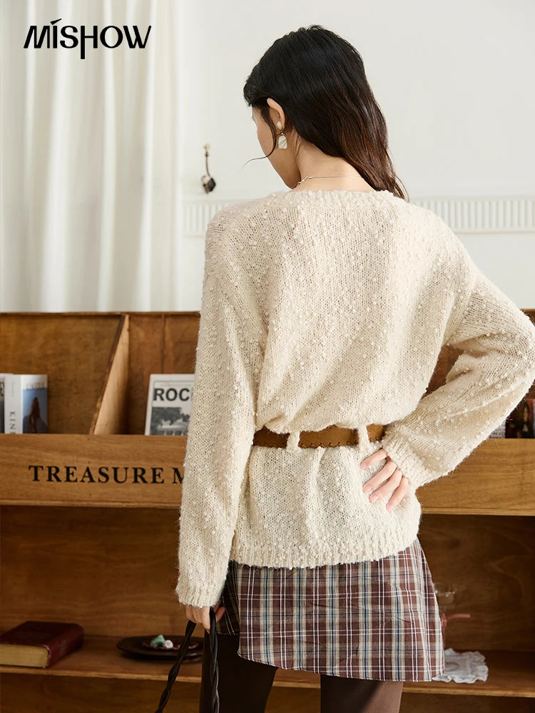 MISHOW Sweater Woman Wool 2025 Autumn New Belt Waist Design Drop Shoulder Sleeves Knit Top Commute Pullover Women MXE46Z2582