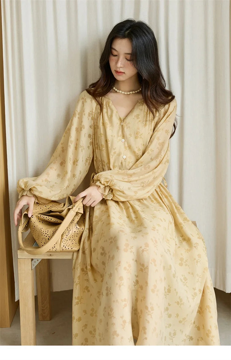 MISHOW Yellow Printing Dress for Woman 2025 Autumn Elegant Lace Lantern Sleeve Waist Slim Long Dress V-neck Dress MXE47L2527