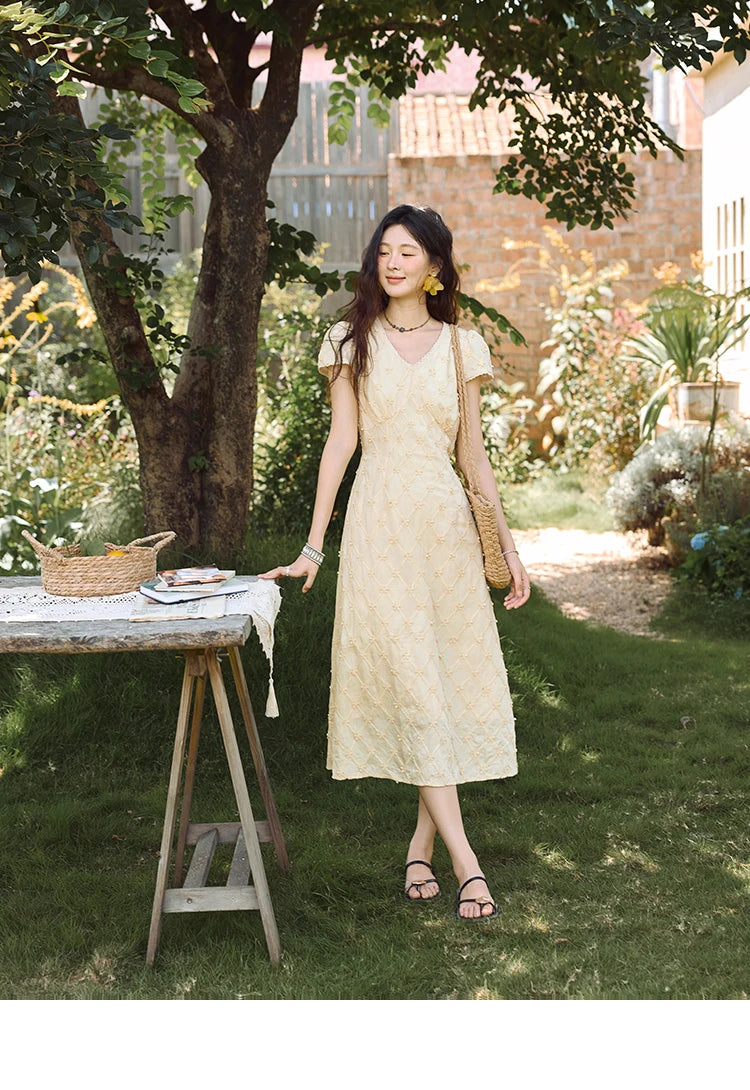 MISHOW Women's V-neck Lace Spliced Dress 2025 Summer New Embroidery Vacation French Style Jacquard Mid-Length Dresses MXE38L2378