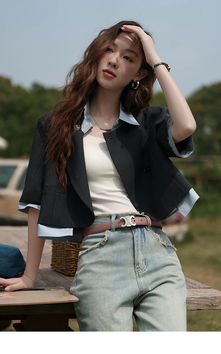 MISHOW Fake Two Short Suit Jackets for Women Summer Three Quarter Single Breasted Turn-down Collar Female Coats MXC33W0016