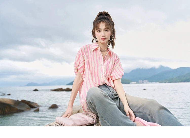 MISHOW Women's Striped Shirt 2023 Summer Korean Loose Puff Sleeve Polo Neck Pocket Casual Tops STRAIGHT Office Lady MXC38C0072