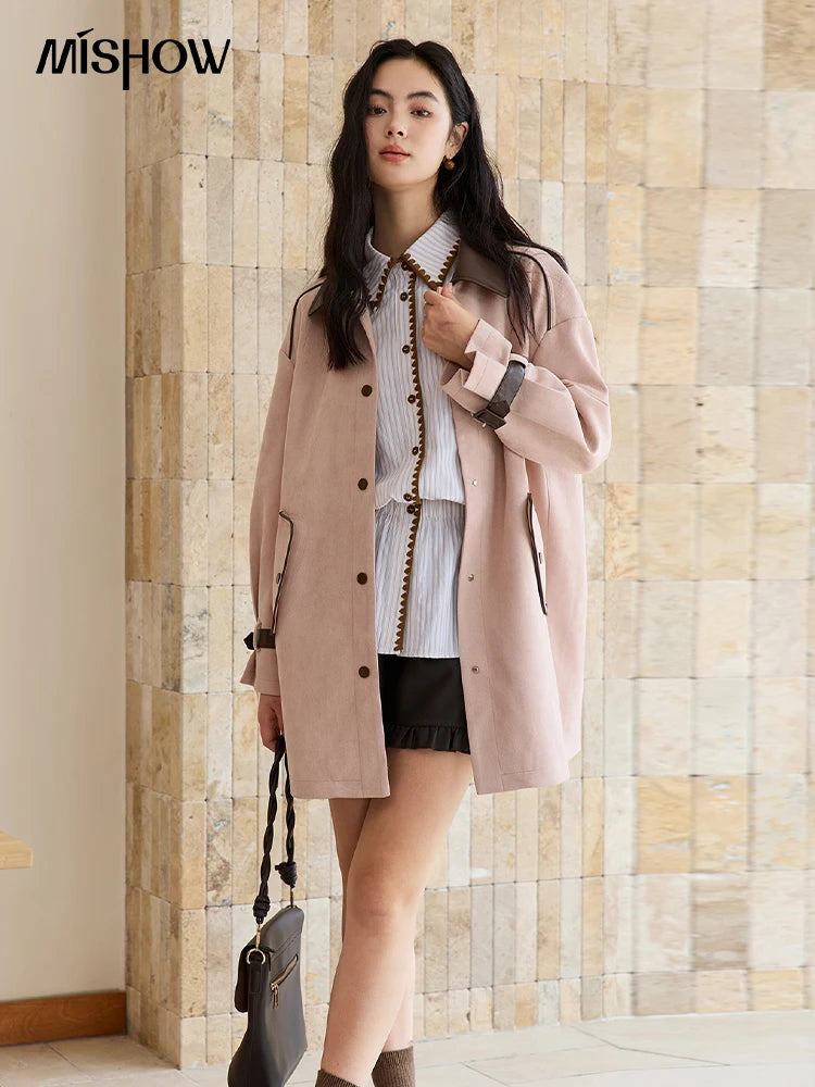 MISHOW Pink Jacket for Women 2025 Autumn New Commute Sweet Style Turn-down Collar Long Sleeve Mid-length Jacket MXE45W0845