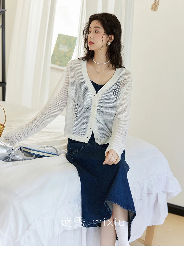 MISHOW Denim Camisole Dress Hollowed Out Cardigan Separately Spring Knitted Cardigan Lace Edge Waist Dress(Not A Set) MXE13L2094