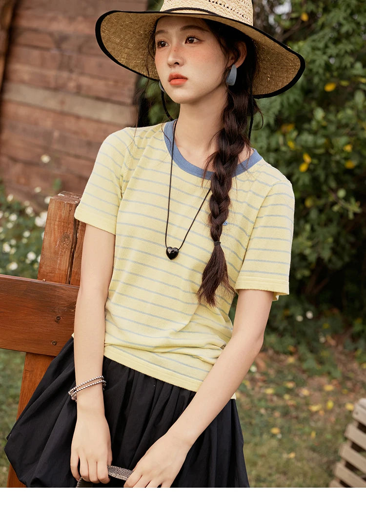 MISHOW Striped Knitted T-shirt for Women Summer 2025 Color Contrasting Round Neck Tees Wool Blended Slim Casual Top MXE35Z1270