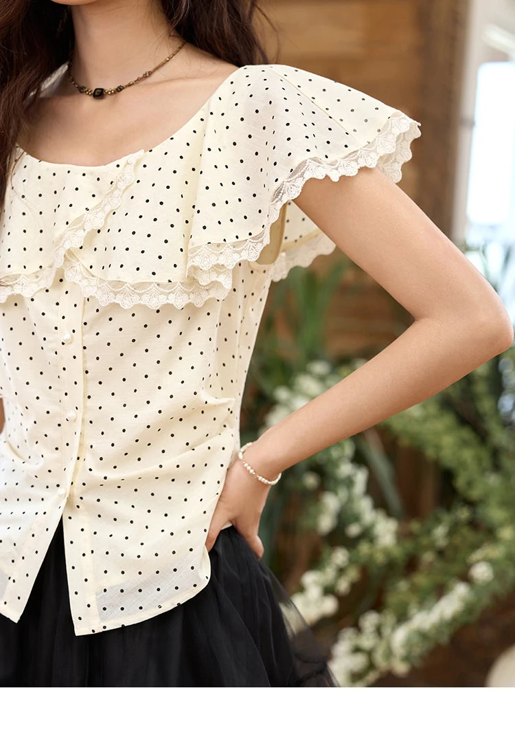 MISHOW Women's Apricot Polka Dot Shirt 2025 Summer French Ruffle Edge Patchwork Lace Shirts Short Sleeved Slim Top MXE34X1783