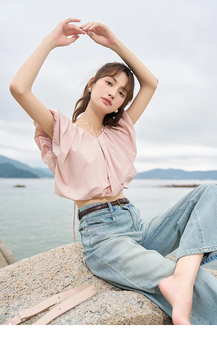 MISHOW Soft Blouses for Women 2025 Summer French Rear Collar Tie Up Solid Short Sleeve Solid V Neck Puff Sleeve Tops MXC38X1275