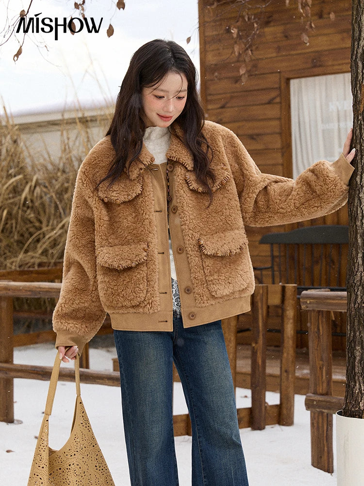MISHOW Faux Lambskin Coat Women 2025 Winter Retro Turn-down Collar Brown Coat Office Lady Loose Warm Casual Jackets MXE89W0896