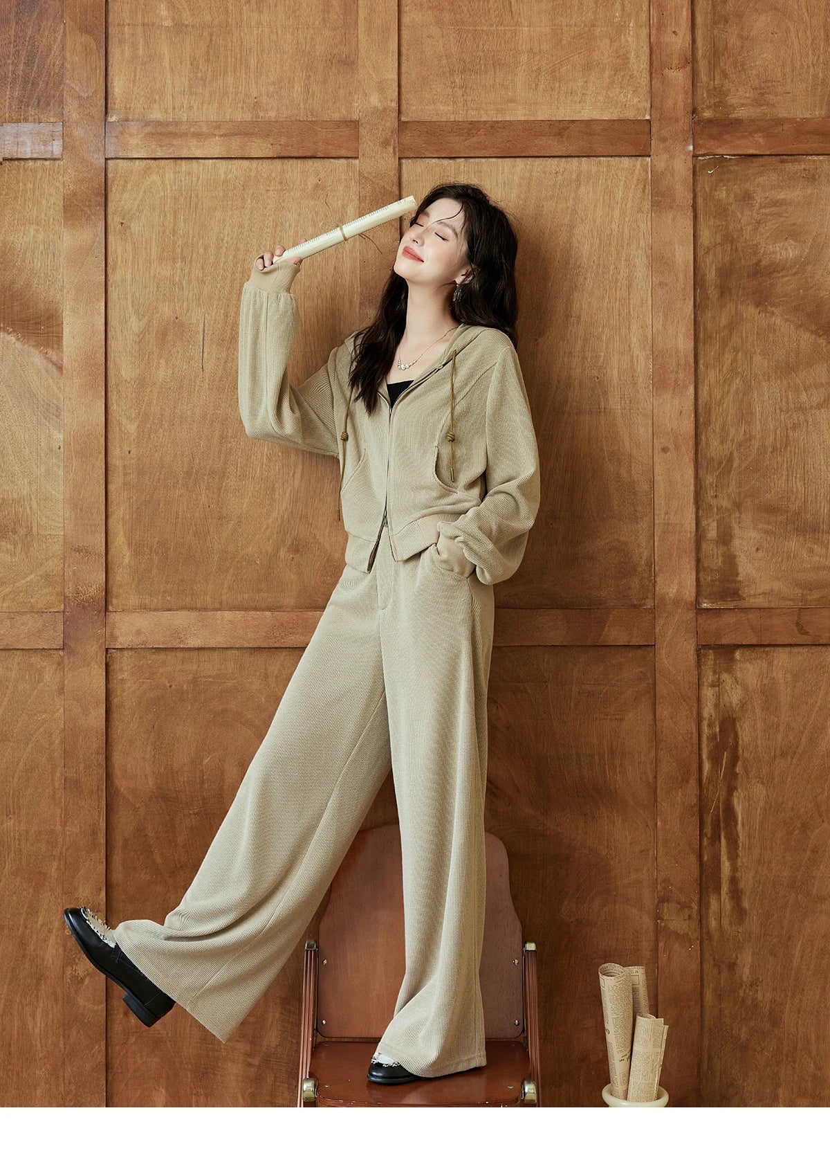 MISHOW Hooded Double Zipper Sweatshirt Knitted Straight Leg Pants Separately Versatile Top Back Elastic Waist Pants MXD44Z0794