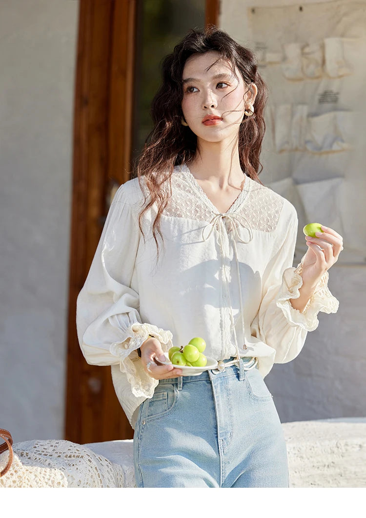 MISHOW Lace Patchwork Shirt for Women Spring 2025 V-neck with Fungus Edge Lace-up Chiffon Top Petal Sleeve Shirts MXE13X1713