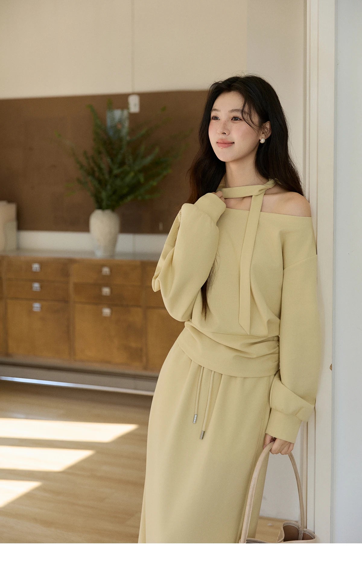 MISHOW Women's Light Yellow Two-Piece Set Asymmetrical Off-shoulder Pullover Top Rear Fork Midi Skirt Set with Ribbon MXE11T1489