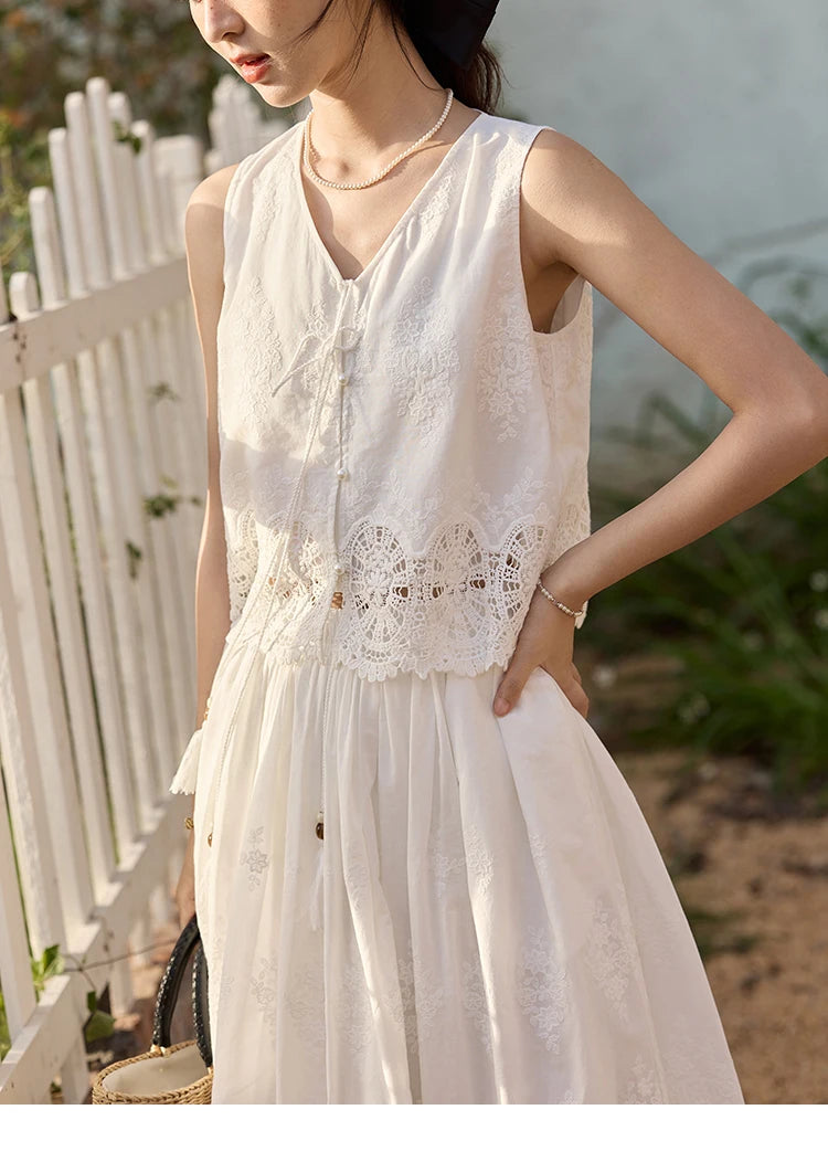 MISHOW 2 Pieces Set Woman Embroidery V-neck Hollow Lace Up Sleeveless Top Summer 2025 Slim Elastic Waist Skirt Set MXE33T0593