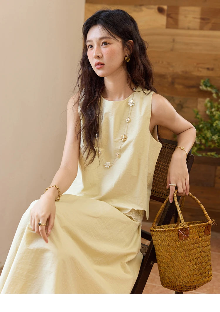 MISHOW Set 2 Piece 2025 Summer Women's O-Neck Lace Patchwork Sleeveless Top Elastic Waist Midi Skirt Elegnat Set MXE36T0641