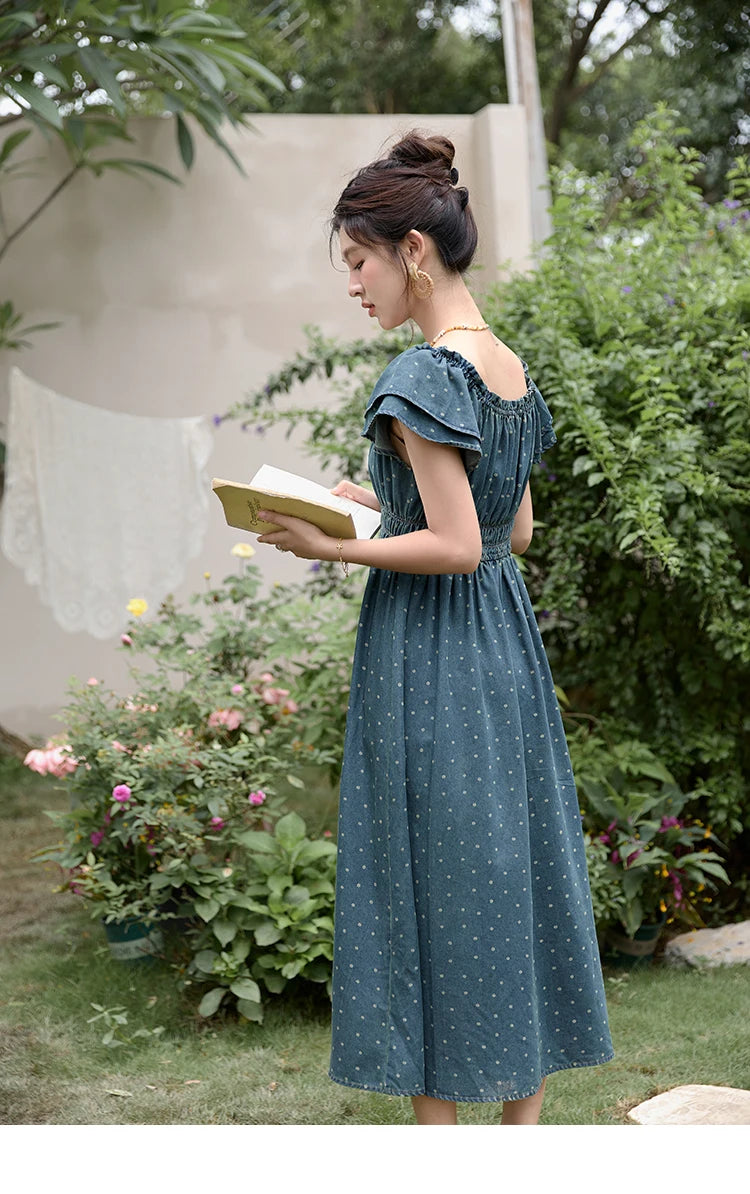 MISHOW Lace Up Flying Sleeve Polka Dot Dress Summer 2024 High Waist Pleated Long Dresses Square Neck Denim Dress MXD30L2022