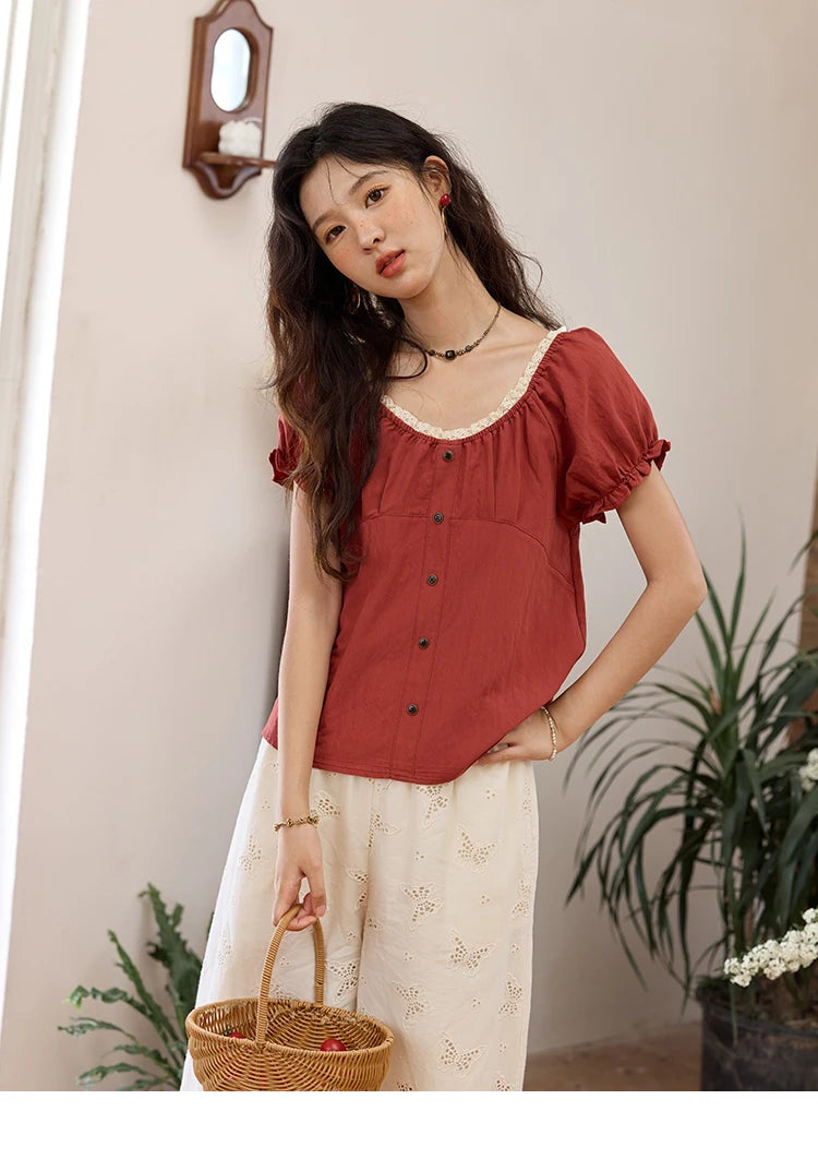 MISHOW French Summer Shirts for Women 2025 Short Puff Sleeve Lace Colla Slimming Blouses Female Sweet Fashion New MXE35X1827