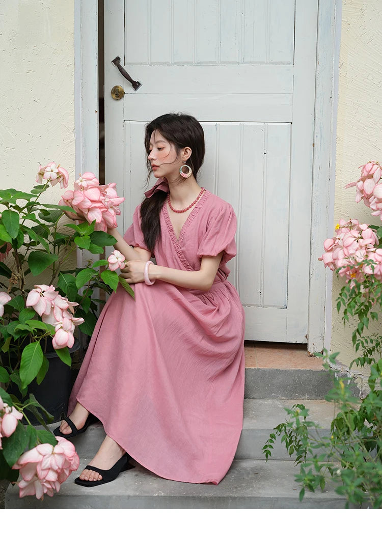 MISHOW Summer Fashion V-neck Dress Woman 2025 New Puff Sleeve Sashes Elegant Pocket Vacation Dresses Ladies Clothing MXE39L2381