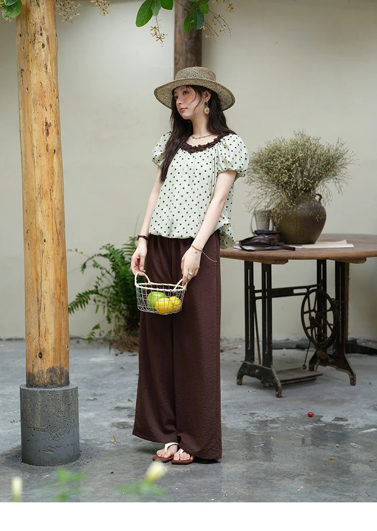 MISHOW 2025 Summer Women's Two Piece Set Polka Dot Puff Sleeve Top Casual Pocket Wide Leg Pants Set Female Clothing MXE39T0657