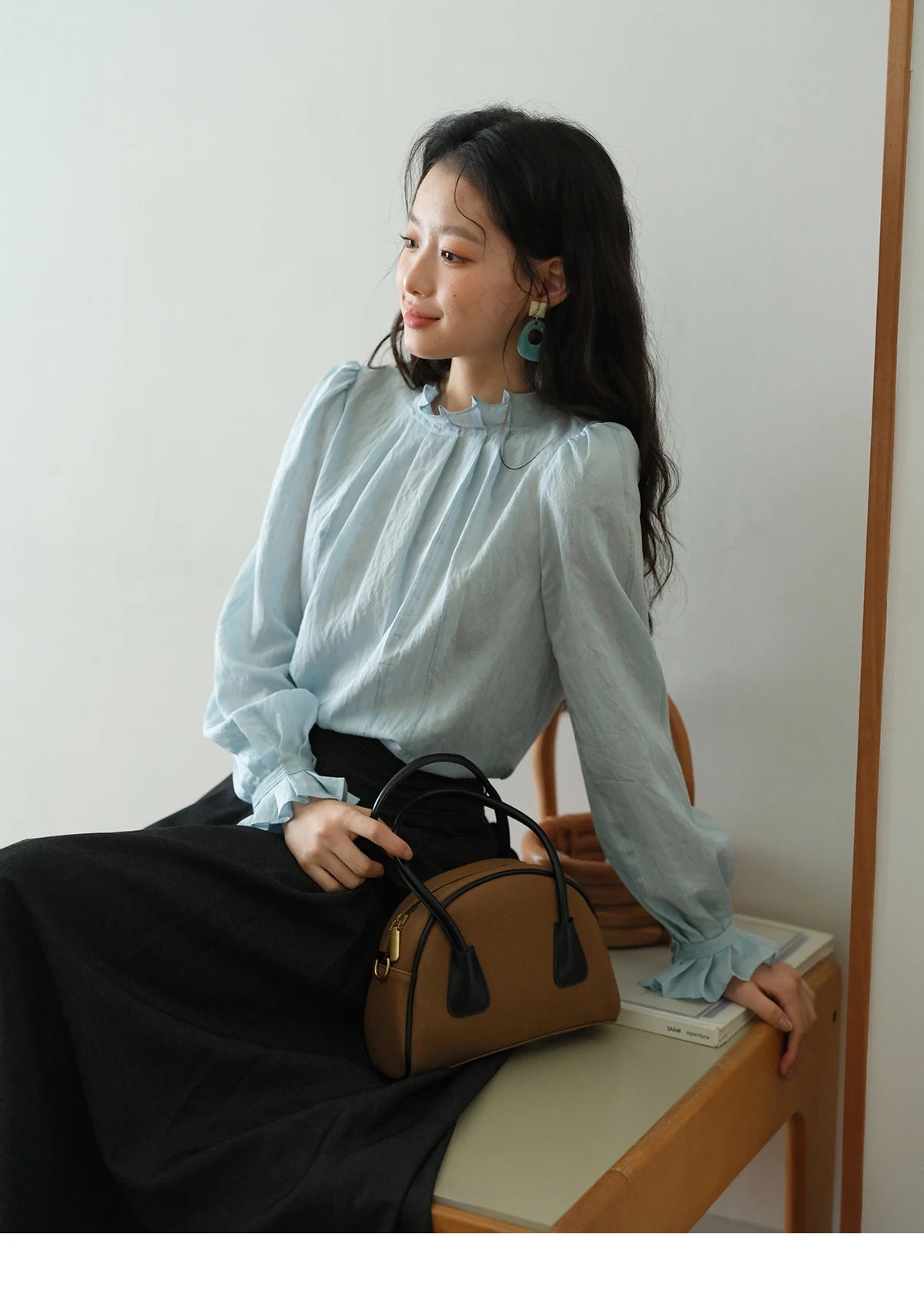 MISHOW Blue Jacquard Texture Blouses 2025 Autumn Black Fungus Edged Stand Collar Blouse Bubble Sleeves Commuting Top MXE41X1934