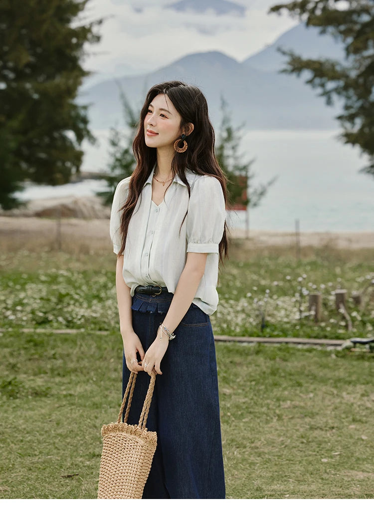 MISHOW French Summer Blouses Women New 2025 Solid Short Sleeve Turn-down Collar Slimming Shirts Female Straight Thin MXE33C0782