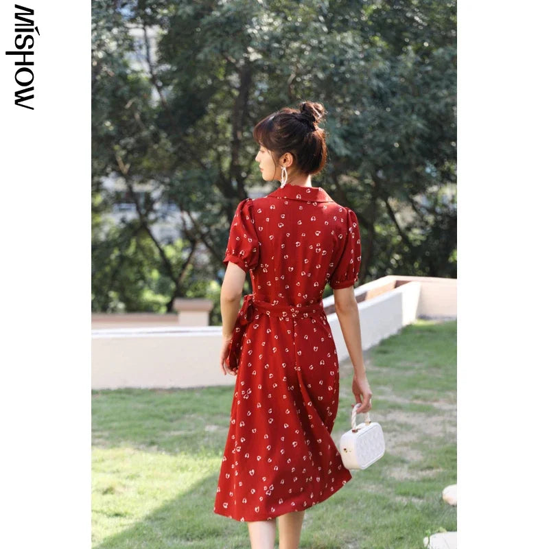 MISHOW Red Dresses For Women Summer French Hepburn One Piece V-neck Chiffon A-shape Floral Holiday Midi Dresses MXA29L0356