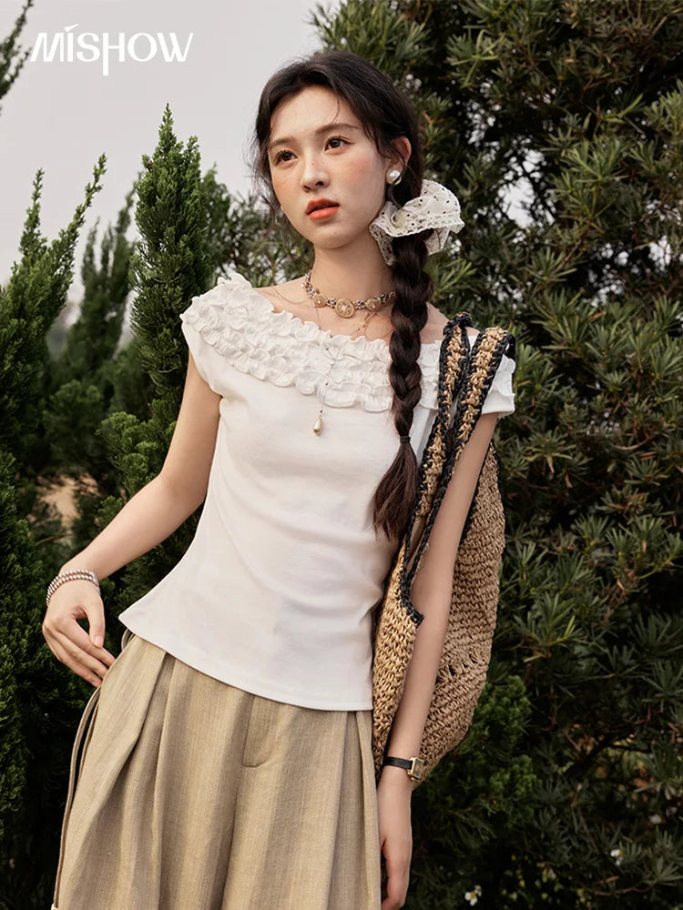 MISHOW French Stringy Selvedge One Neck T-shirt for Women Summer 2025 Raglan Sleeves Wool Short Top Sexy Solid Tees MXE34T0605