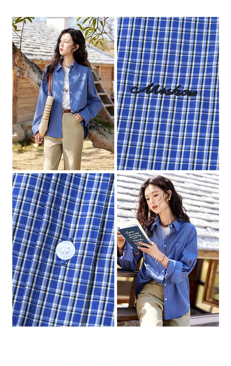 MISHOW Fashion Retro Blue Checkered Shirt Women's Autumn New Loose Casual Lapel Cotton Shirts Long Sleeves Tops Women MXE11C0398