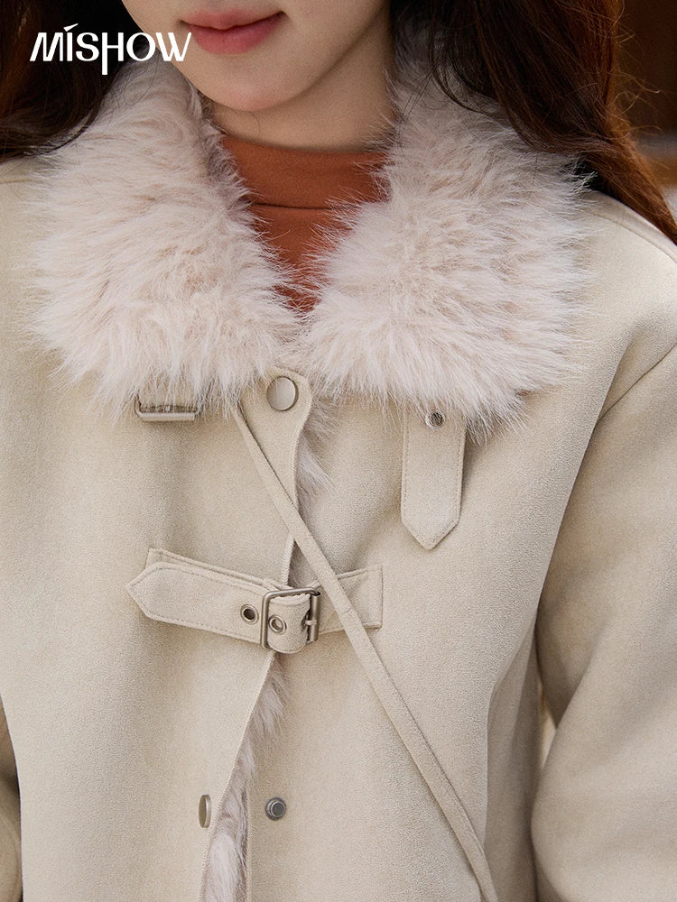 MISHOW Faux Fur One-piece Thick Short Coat for Women Winter Lapel Loose Jackets Windproof Warm Coats with Plush Bag MXE91W1000