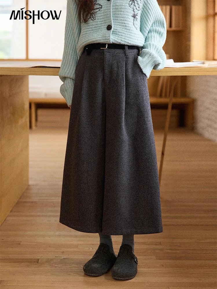 MISHOW Women's Pants 2025 Fashion Gray Wool Wide-leg Pants High-waisted Cropped Retro Style Commuting Pants Warm MXE90K1128