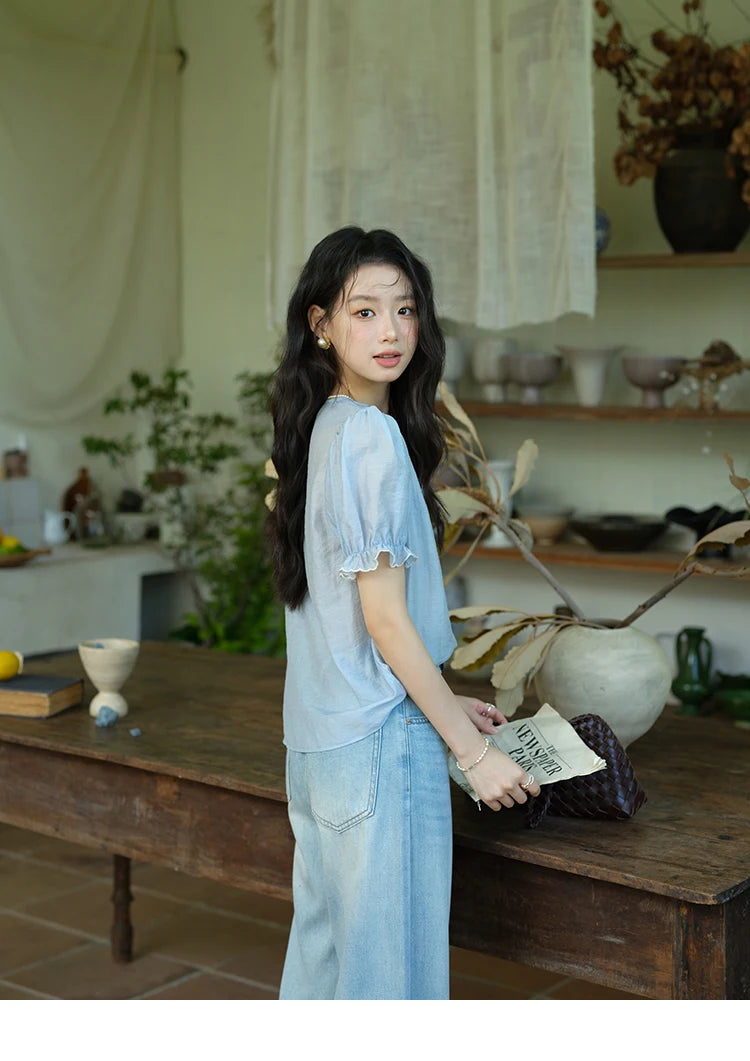 MISHOW Women's Coral Embroidery Summer Blouse 2025 New Fashion V-neck Puff Sleeve Blouse Casual Women's Clothing MXE37X1850