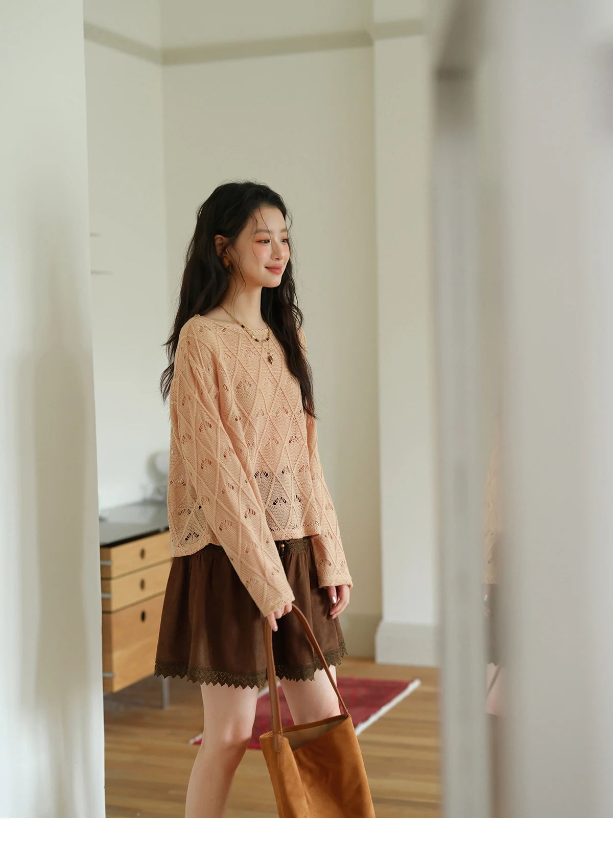 MISHOW Women's Diamond Patterned Knitted Top 2025 Autumn Bohemian Hollowed Out Thin Top Scoop Neck Knitted Sweaters MXE42Z1332