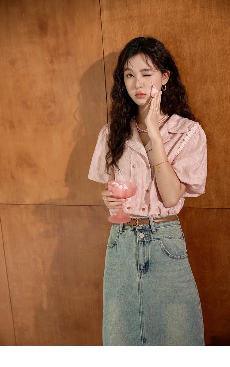MISHOW Retro Pink Short Sleeved Shirt 2024 Summer V-neck Folded Ruffled Edge Top Elastic Cuffs Lapel Neck Blouses MXD29C0273